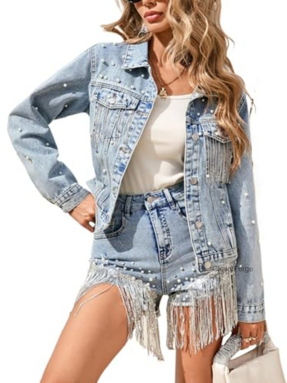 Pearl Tassel Fringe Denim Jacket Heart Back Rhinestone Coat